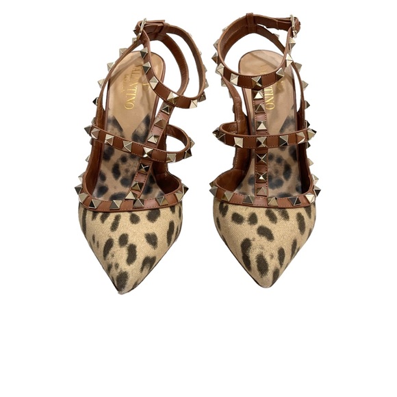 Valentino Garavani Canvas Leopard Print Rockstud Heels Size 37 1/2 - Picture 3 of 11